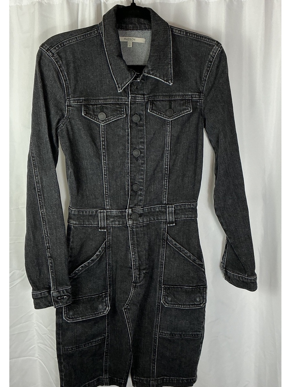 Hudson XS Black Denim Utility Shirt Dress Button Front Stretch Long Sleeve